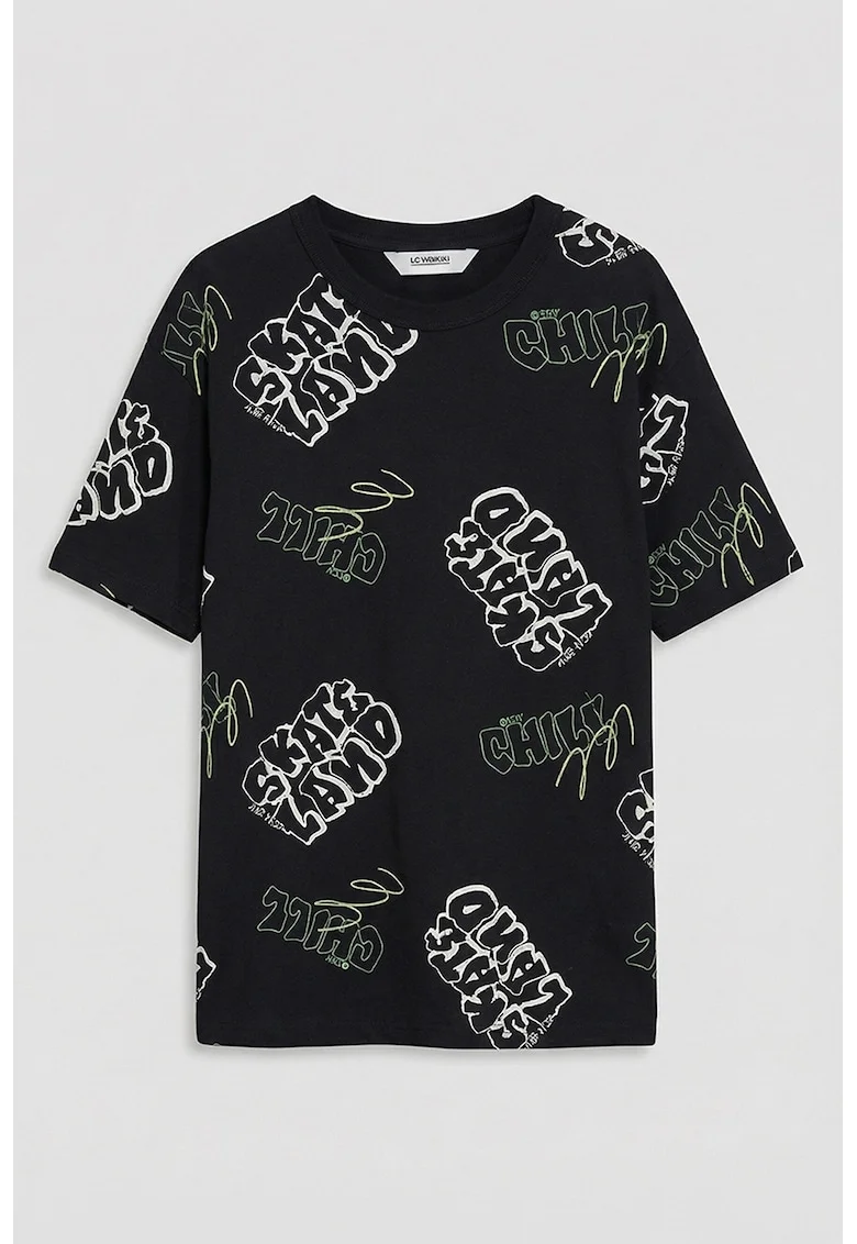 Tricou de bumbac cu decolteu la baza gatului, Negru/Verde electric/Alb murdar