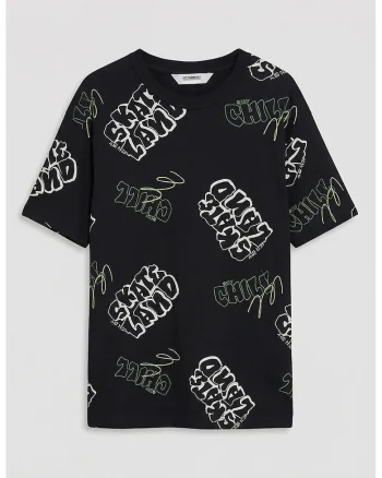 Tricou de bumbac cu decolteu la baza gatului, Negru/Verde electric/Alb murdar
