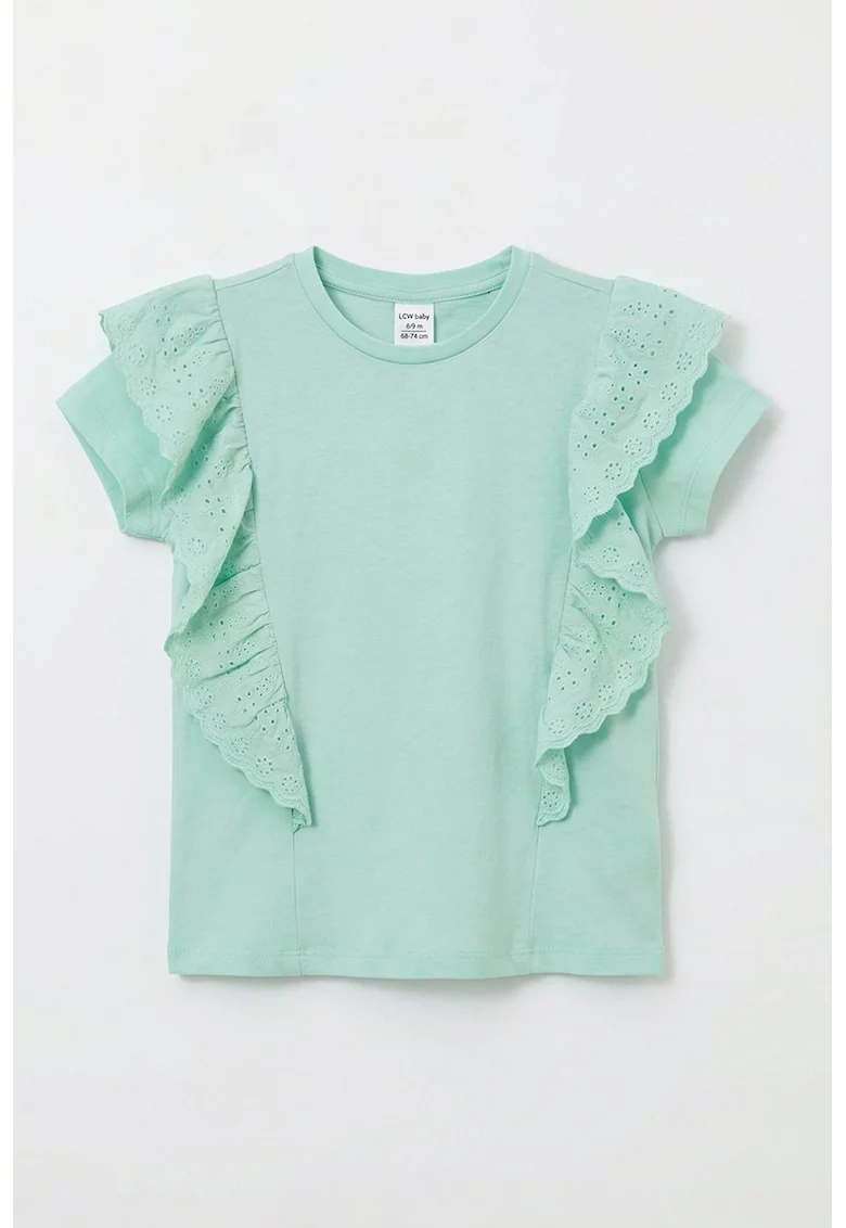 Tricou din bumbac cu volane din dantela sangallo, Verde menta