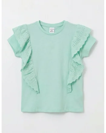 Tricou din bumbac cu volane din dantela sangallo, Verde menta