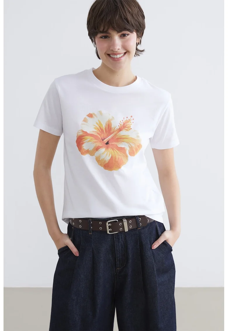 Tricou din bumbac cu imprimeu floral, Alb/Galben