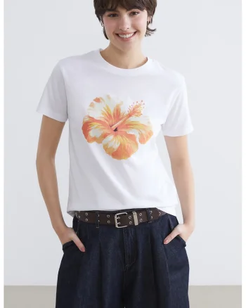 Tricou din bumbac cu imprimeu floral, Alb/Galben