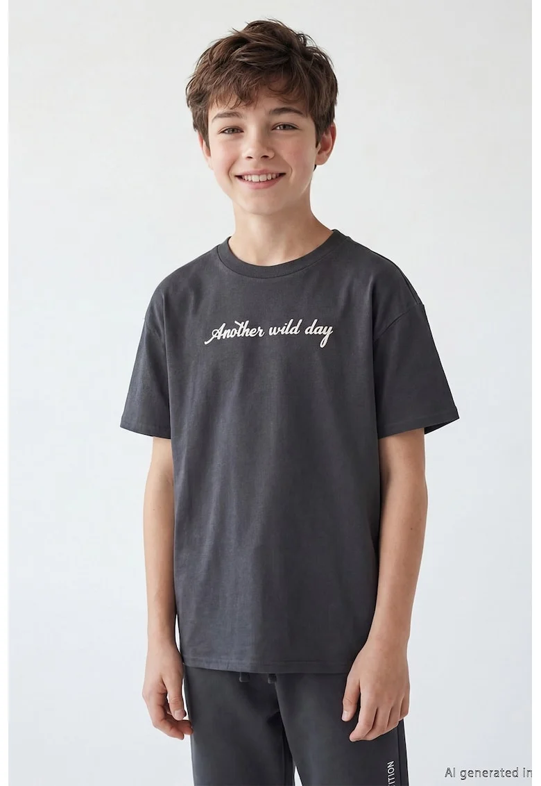 Tricou de bumbac cu imprimeu grafic si text, Alb/Maro/Portocaliu pal/Gri inchis