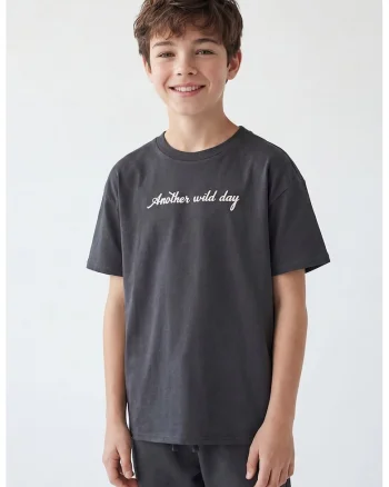 Tricou de bumbac cu imprimeu grafic si text, Alb/Maro/Portocaliu pal/Gri inchis