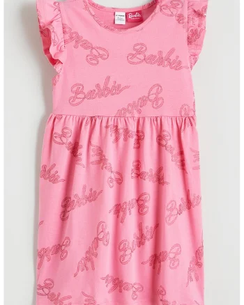 Rochie din bumbac cu imprimeu cu Barbie, Roz