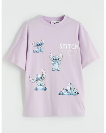 Tricou lejer cu Stitch, Alb/Albastru pastel/Lila