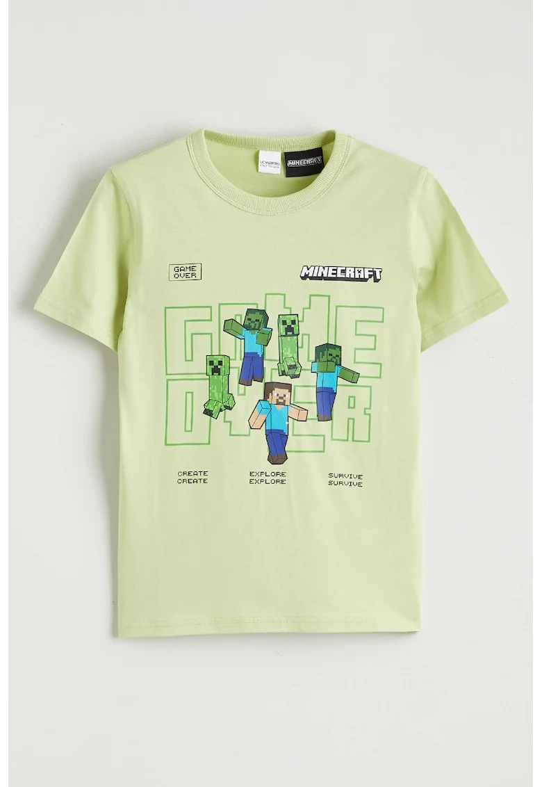 Tricou din bumbac cu imprimeu Minecraft, Alb/Albastru/Verde fistic