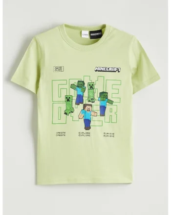 Tricou din bumbac cu imprimeu Minecraft, Alb/Albastru/Verde fistic