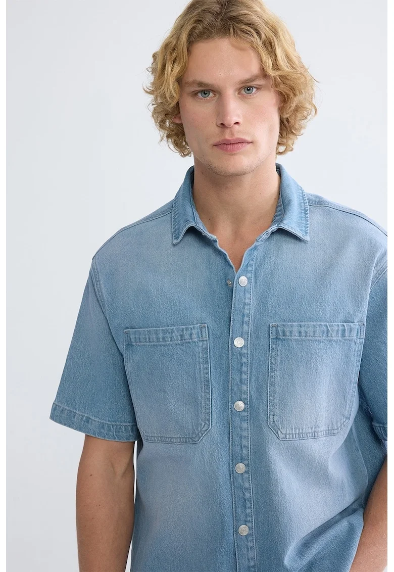 Camasa din denim cu buzunare pe piept, Albastru prafuit