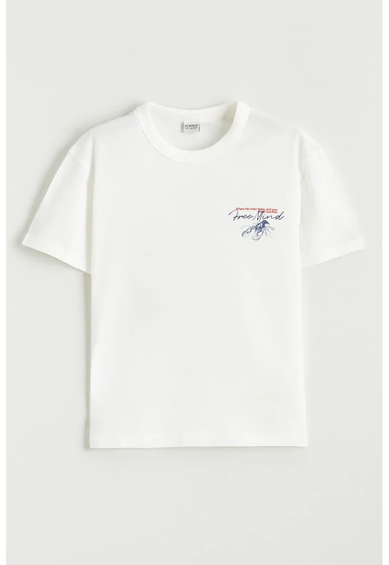Tricou de bumbac cu imprimeu text pe spate, Alb/Portocaliu/Bleumarin