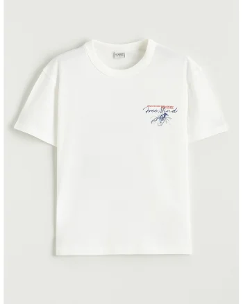 Tricou de bumbac cu imprimeu text pe spate, Alb/Portocaliu/Bleumarin