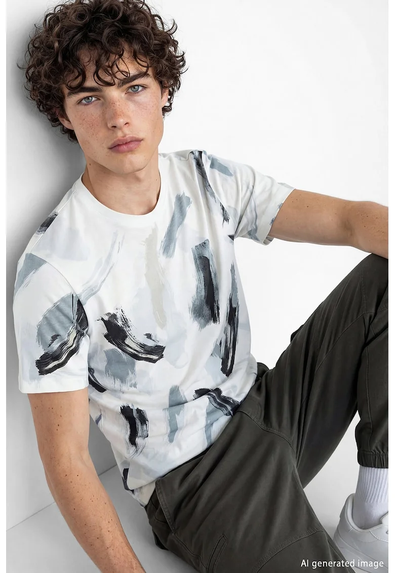 Tricou de bumbac cu model si decolteu la baza gatului, Negru/Albastru prafuit/Alb murdar