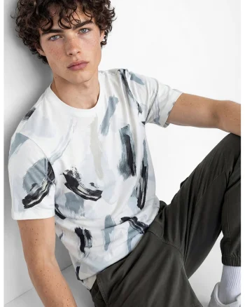 Tricou de bumbac cu model si decolteu la baza gatului, Negru/Albastru prafuit/Alb murdar