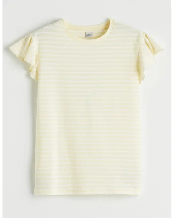 Tricou de bumbac cu maneci butterfly, Alb/Galben pal