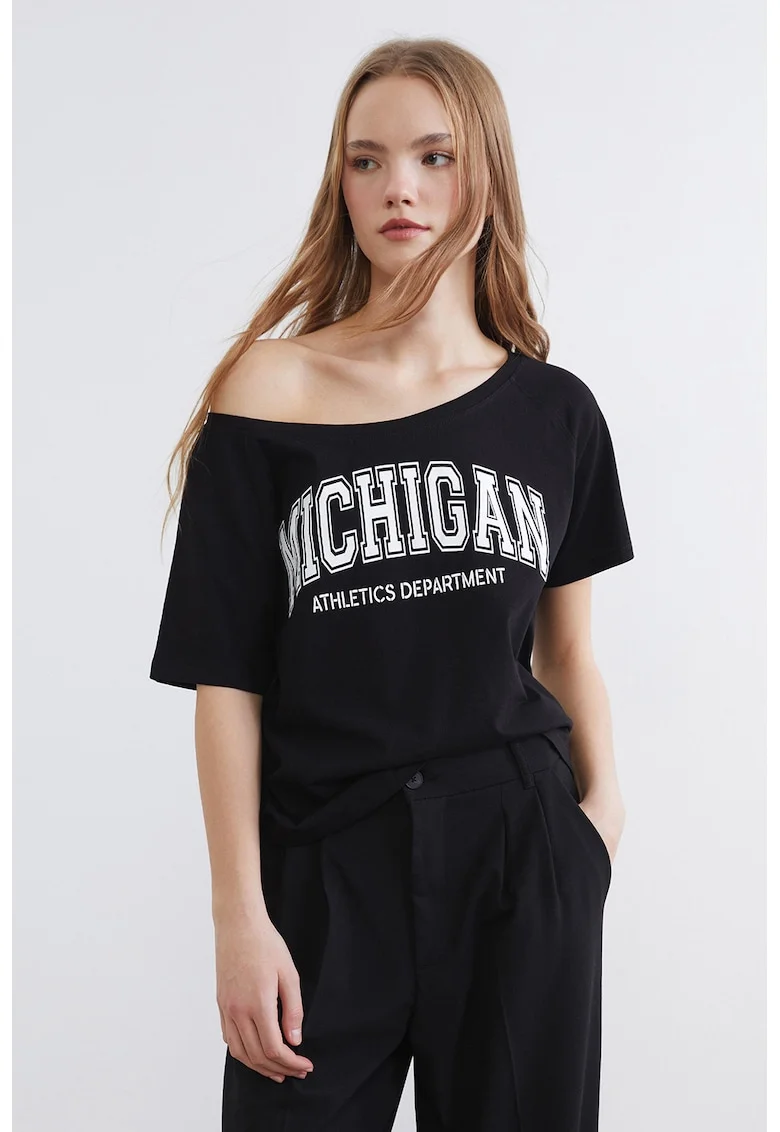 Tricou lejer din bumbac cu imprimeu text, Alb/Negru