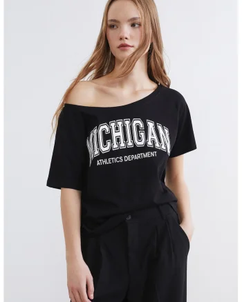 Tricou lejer din bumbac cu imprimeu text, Alb/Negru