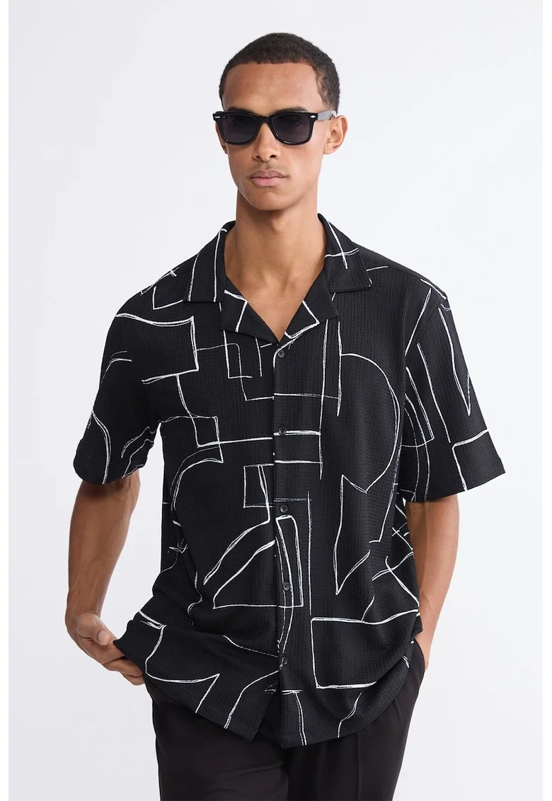 Camasa cu maneci scurte si model geometric, Alb/Negru