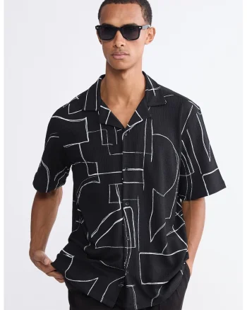 Camasa cu maneci scurte si model geometric, Alb/Negru