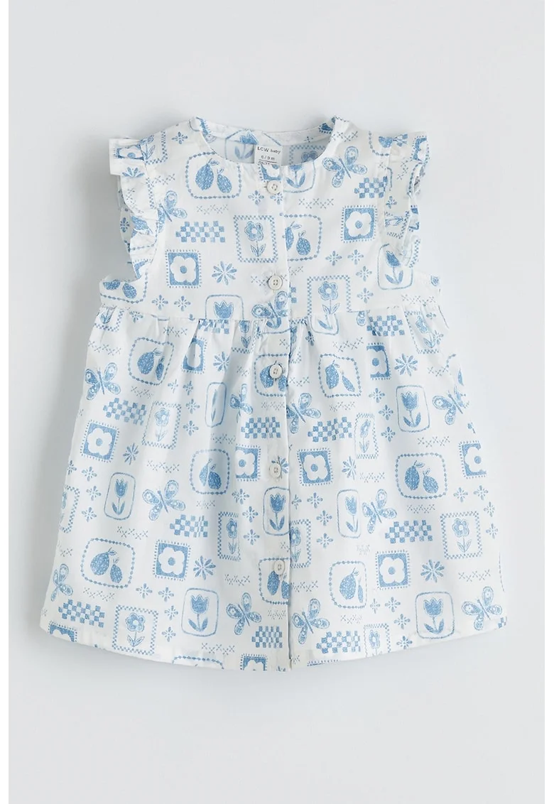 Rochie cu model si maneci scurte cu volane, Alb/Albastru lavanda