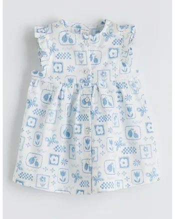 Rochie cu model si maneci scurte cu volane, Alb/Albastru lavanda