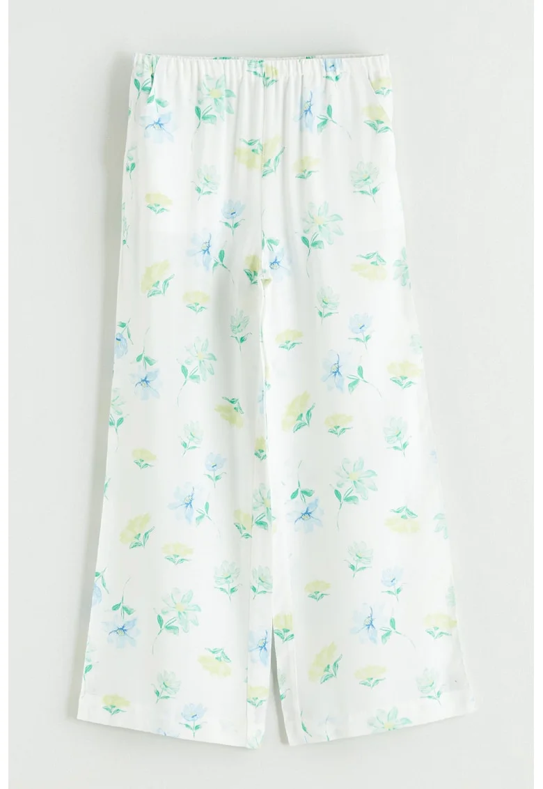 Pantaloni cu croiala ampla si imprimeu floral, Alb/Verde/Galben pal