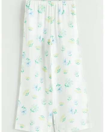 Pantaloni cu croiala ampla si imprimeu floral, Alb/Verde/Galben pal