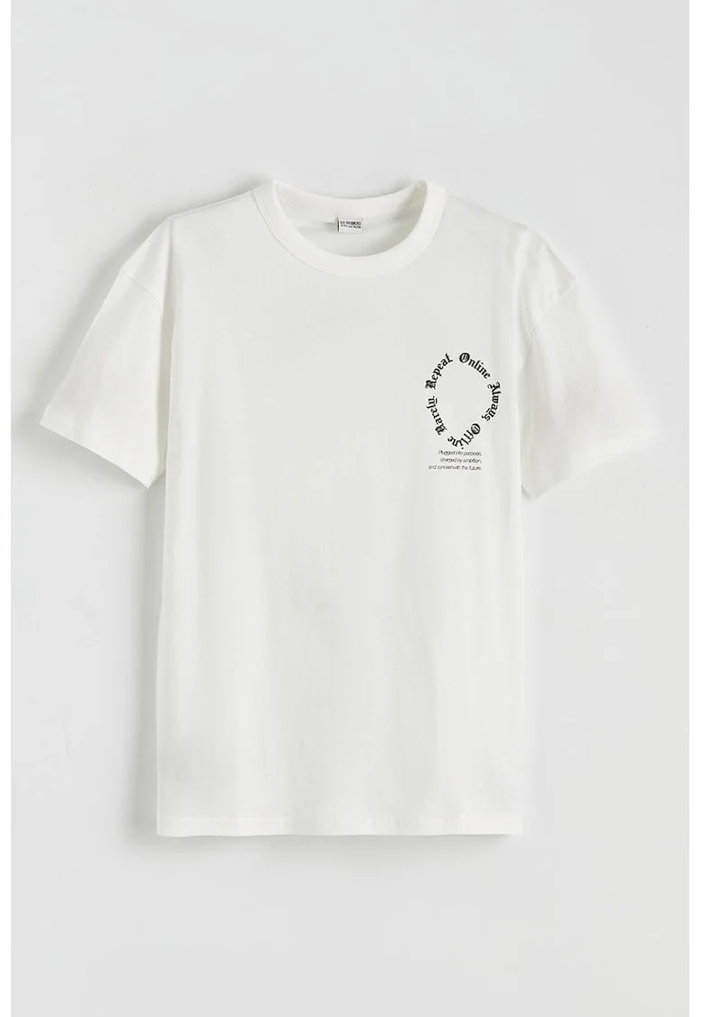Tricou cu decolteu la baza gatului si imprimeu pe spate, Alb/Negru stins