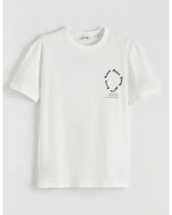 Tricou cu decolteu la baza gatului si imprimeu pe spate, Alb/Negru stins