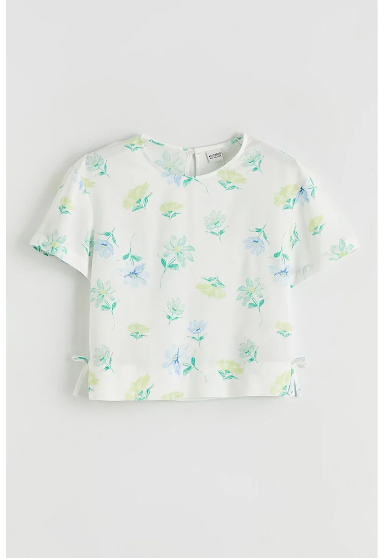 Bluza cu maneci scurte si model floral, Alb/Verde/Galben pal