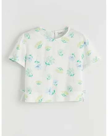Bluza cu maneci scurte si model floral, Alb/Verde/Galben pal