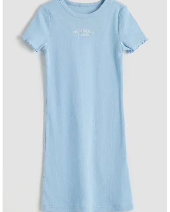 Rochie-tricou cu text brodat, Albastru lavanda