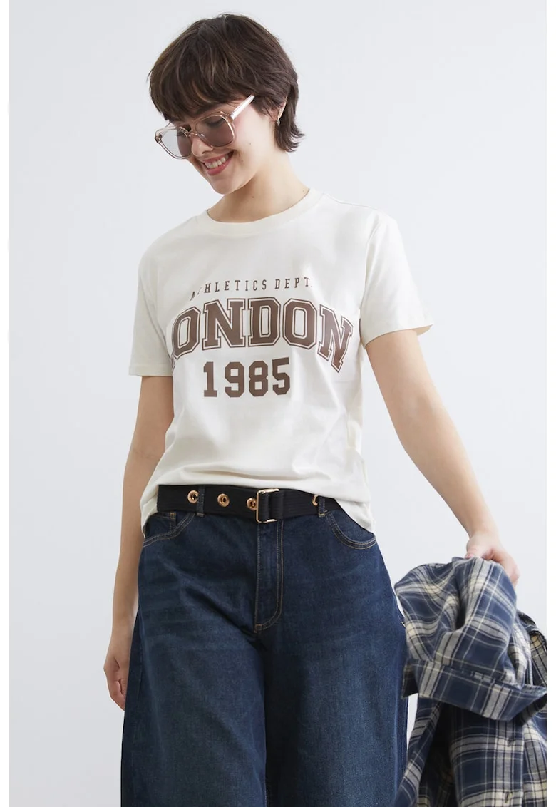 Tricou cu decolteu rotund si imprimeu, Maro/Bej deschis