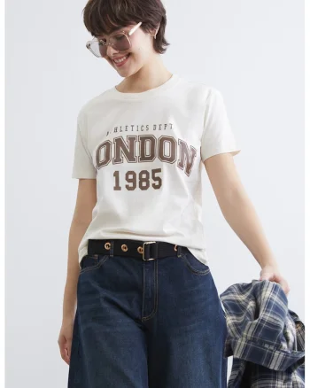 Tricou cu decolteu rotund si imprimeu, Maro/Bej deschis