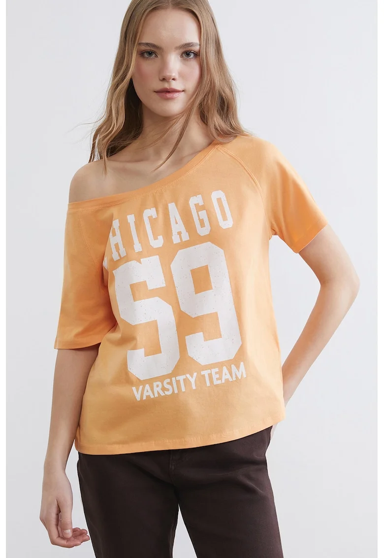 Tricou lejer din bumbac cu imprimeu text, Alb/Portocaliu pal