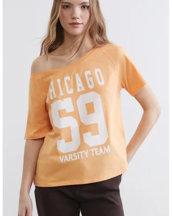 Tricou lejer din bumbac cu imprimeu text, Alb/Portocaliu pal