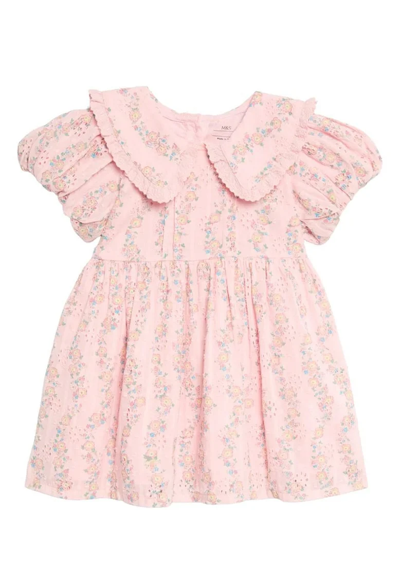 Rochie cu model floral si broderie, Roz