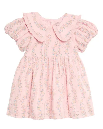 Rochie cu model floral si broderie, Roz