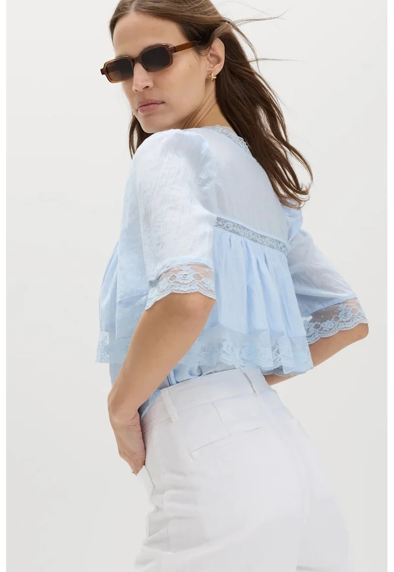 Bluza de bumbac cu insertii de dantela, Albastru pastel
