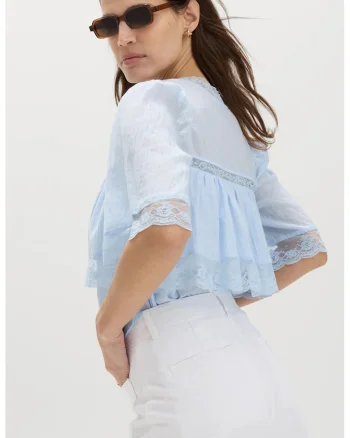 Bluza de bumbac cu insertii de dantela, Albastru pastel