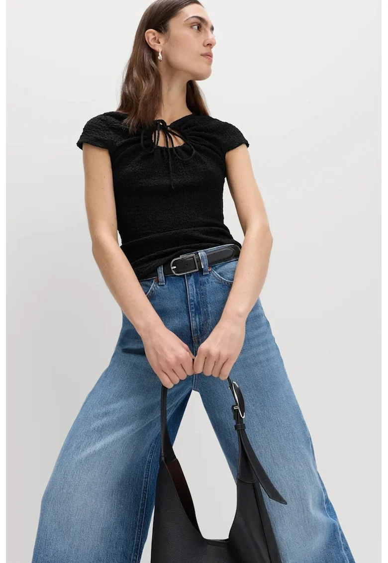 Bluza texturata cu maneci scurte si detaliu decupat, Negru carbon