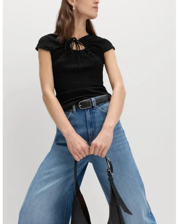 Bluza texturata cu maneci scurte si detaliu decupat, Negru carbon
