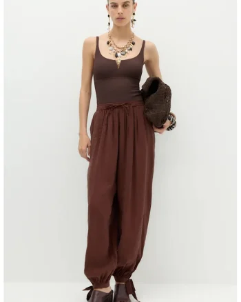 Pantaloni balloon cu funde la terminatie, Maro inchis