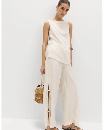 Pantaloni din amestec de in cu slituri laterale, Bej deschis