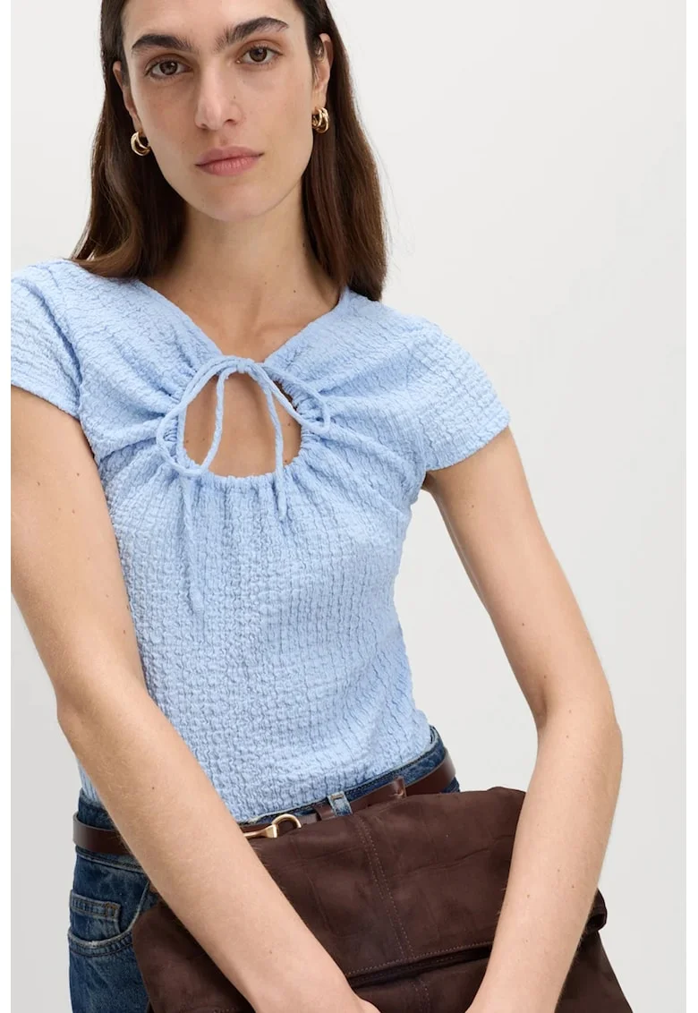Bluza texturata cu maneci scurte si detaliu decupat, Albastru pastel