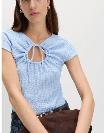 Bluza texturata cu maneci scurte si detaliu decupat, Albastru pastel
