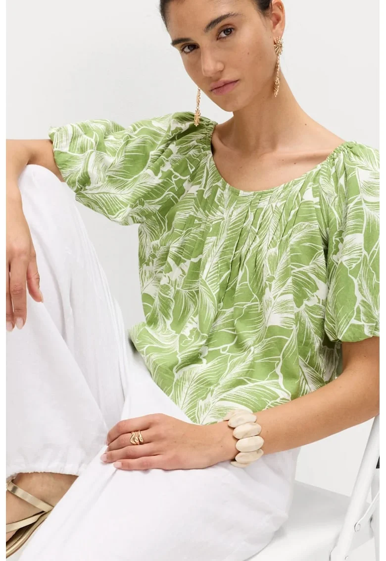 Bluza din amestec de in cu imprimeu, Verde iarba