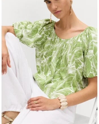 Bluza din amestec de in cu imprimeu, Verde iarba