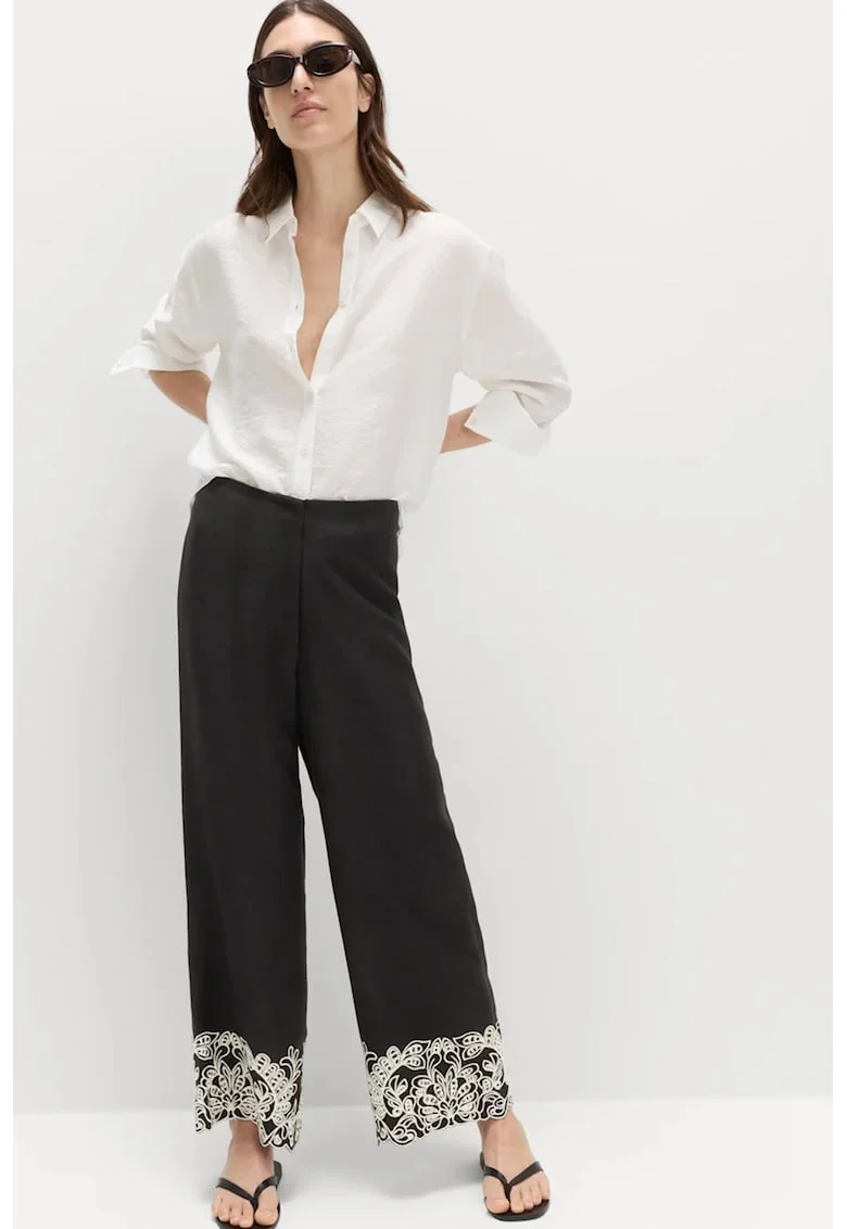Pantaloni din amestec de modal si in cu margini brodate, Negru carbon