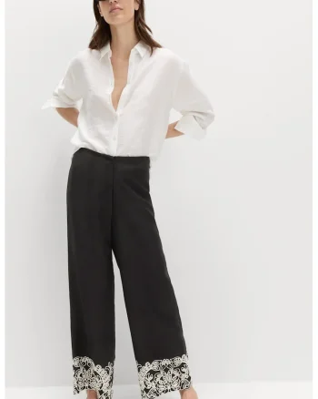 Pantaloni din amestec de modal si in cu margini brodate, Negru carbon
