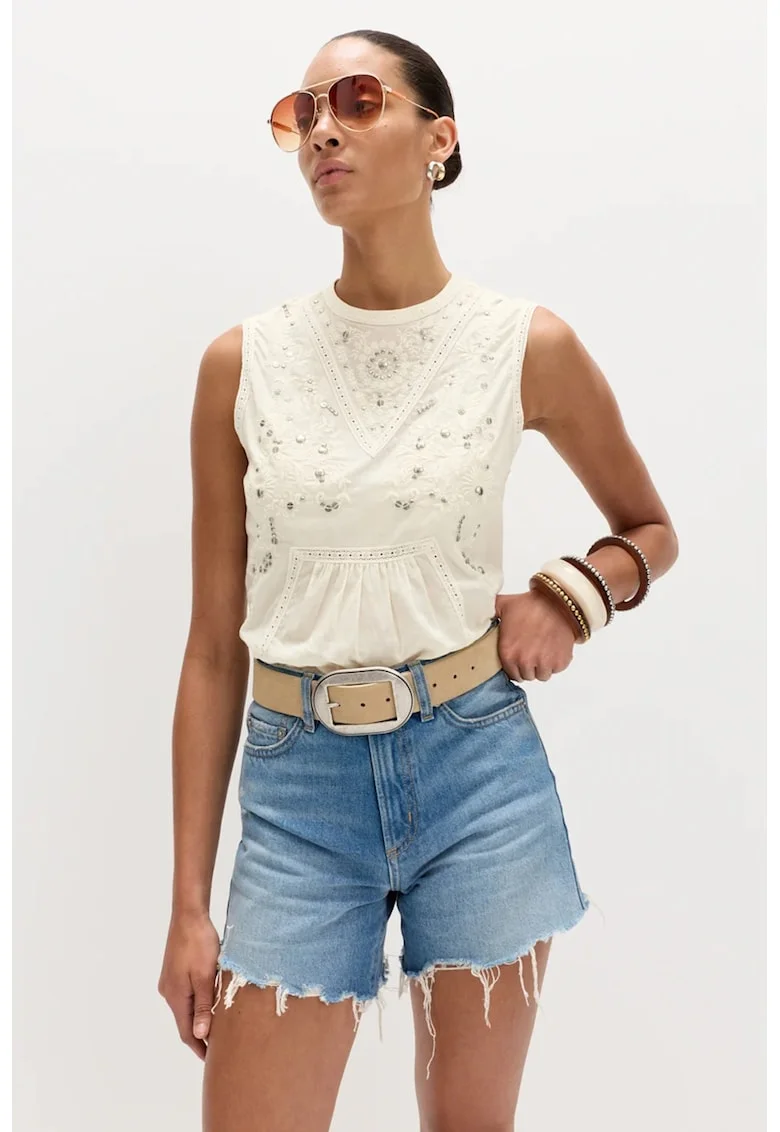 Top de bumbac cu broderie, Bej deschis